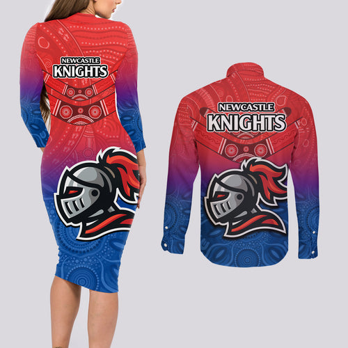 knights-permier-2023-couples-matching-long-sleeve-bodycon-dress-and-long-sleeve-button-shirts-nrl-mascot-with-aboriginal