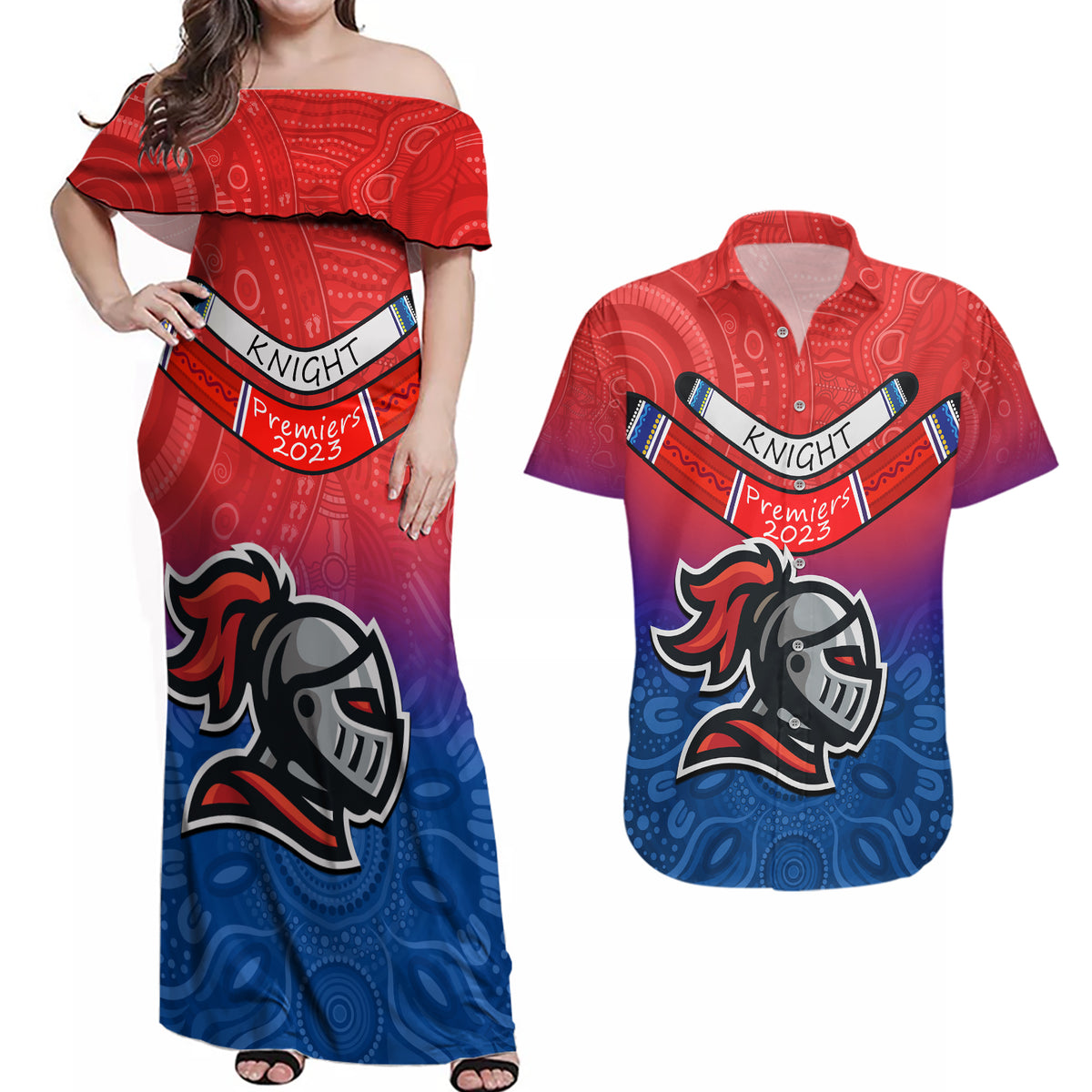 knights-permier-2023-couples-matching-off-shoulder-maxi-dress-and-hawaiian-shirt-nrl-mascot-with-aboriginal