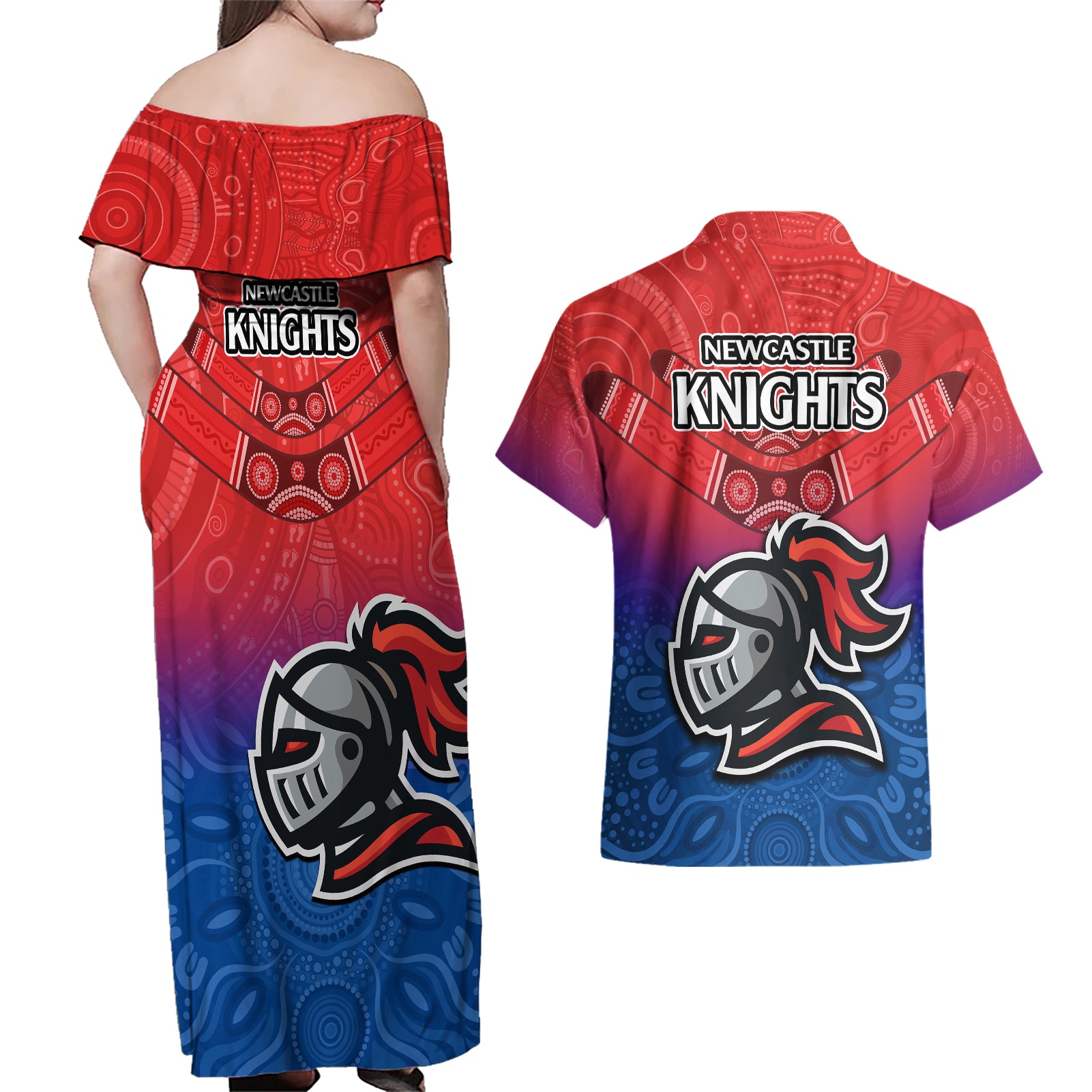 knights-permier-2023-couples-matching-off-shoulder-maxi-dress-and-hawaiian-shirt-nrl-mascot-with-aboriginal