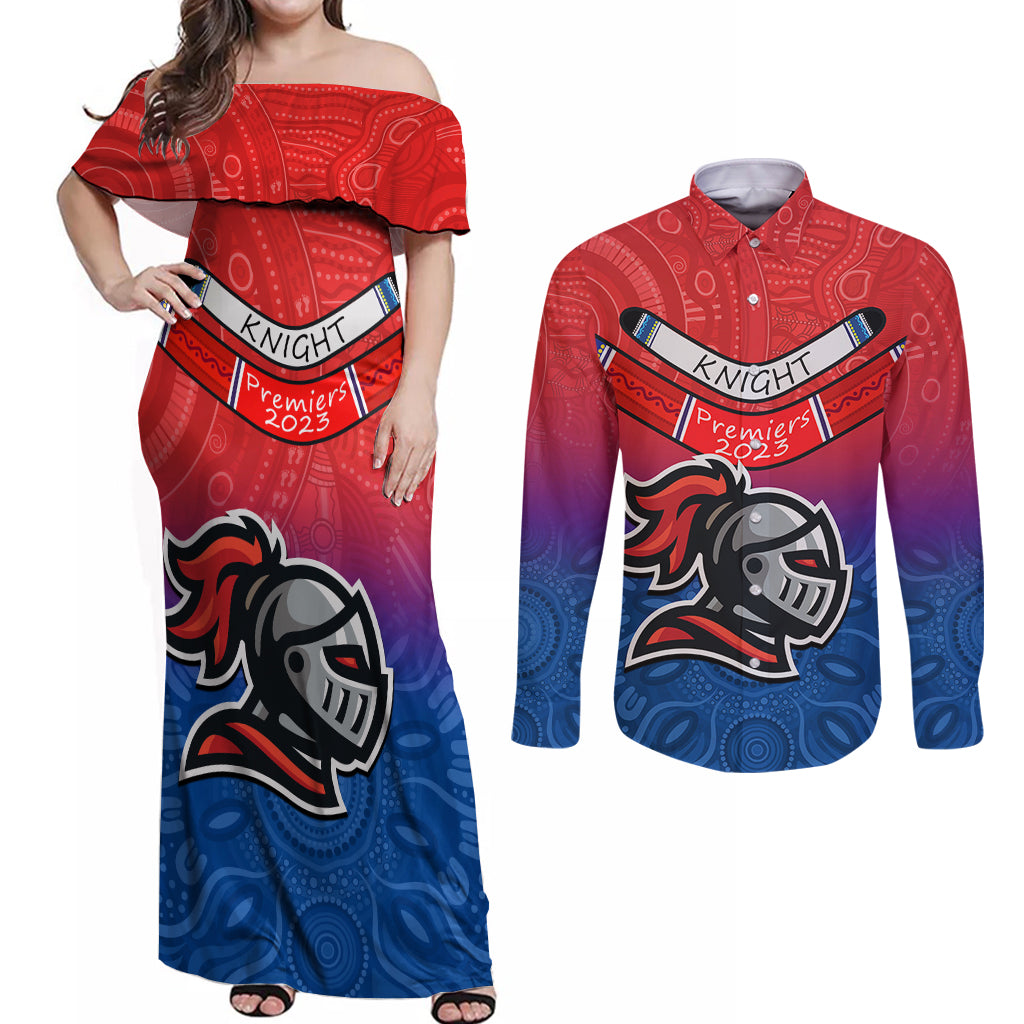 knights-permier-2023-couples-matching-off-shoulder-maxi-dress-and-long-sleeve-button-shirts-nrl-mascot-with-aboriginal