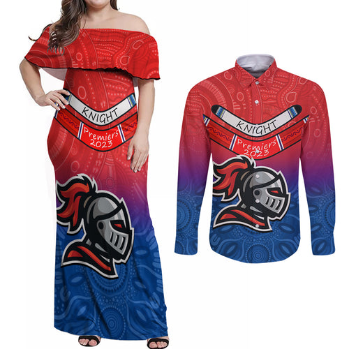 knights-permier-2023-couples-matching-off-shoulder-maxi-dress-and-long-sleeve-button-shirts-nrl-mascot-with-aboriginal