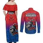 knights-permier-2023-couples-matching-off-shoulder-maxi-dress-and-long-sleeve-button-shirts-nrl-mascot-with-aboriginal