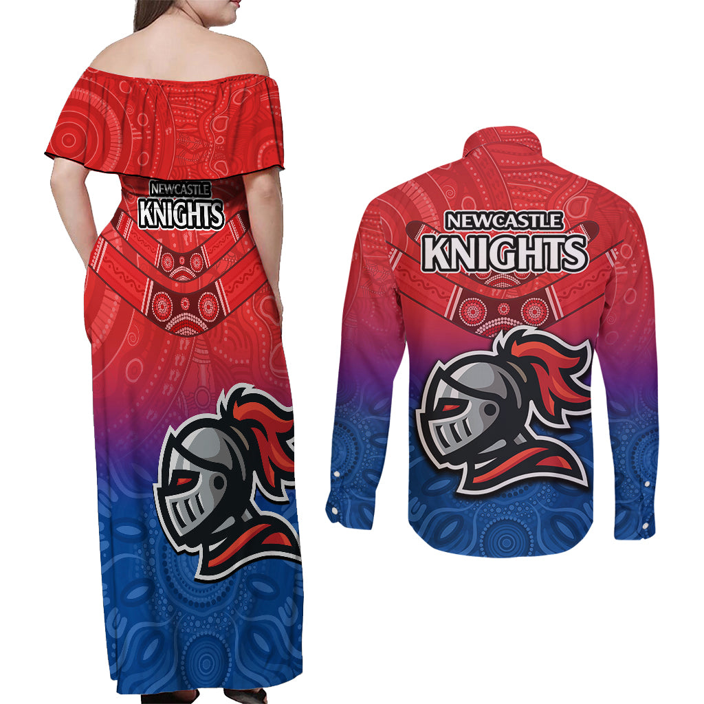 knights-permier-2023-couples-matching-off-shoulder-maxi-dress-and-long-sleeve-button-shirts-nrl-mascot-with-aboriginal