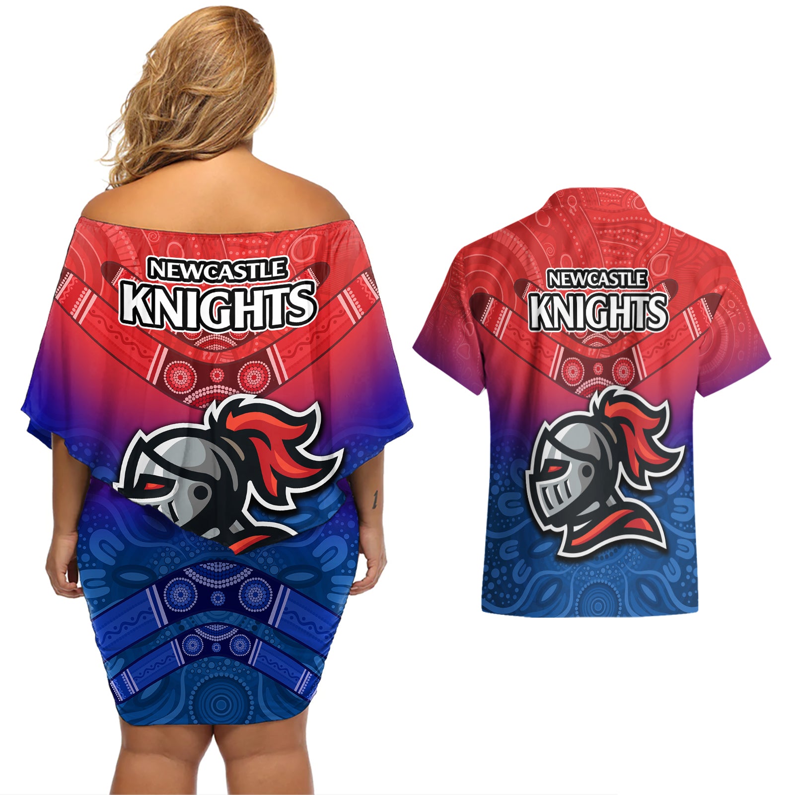 knights-permier-2023-couples-matching-off-shoulder-short-dress-and-hawaiian-shirt-nrl-mascot-with-aboriginal