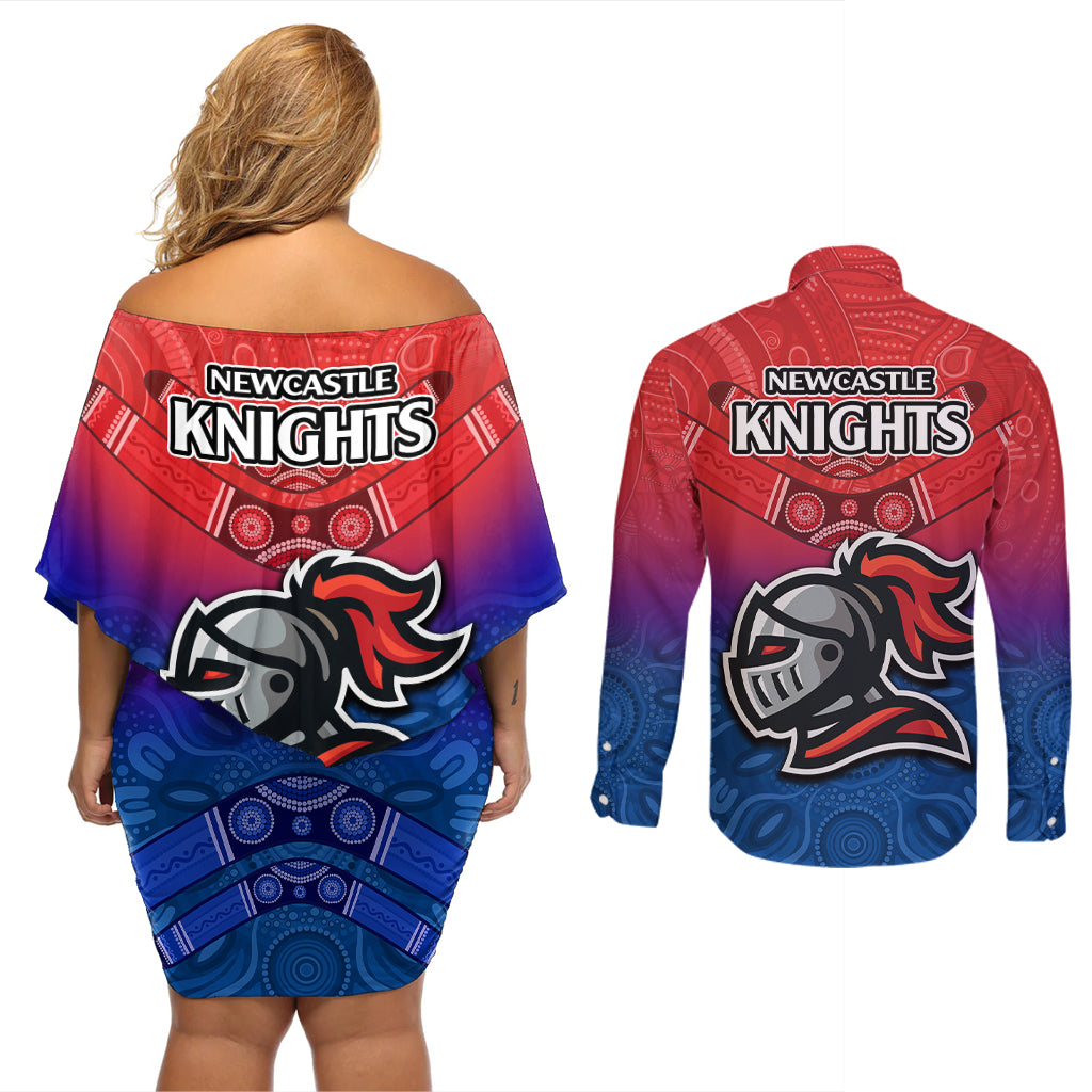 knights-permier-2023-couples-matching-off-shoulder-short-dress-and-long-sleeve-button-shirts-nrl-mascot-with-aboriginal
