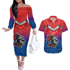 knights-permier-2023-couples-matching-off-the-shoulder-long-sleeve-dress-and-hawaiian-shirt-nrl-mascot-with-aboriginal