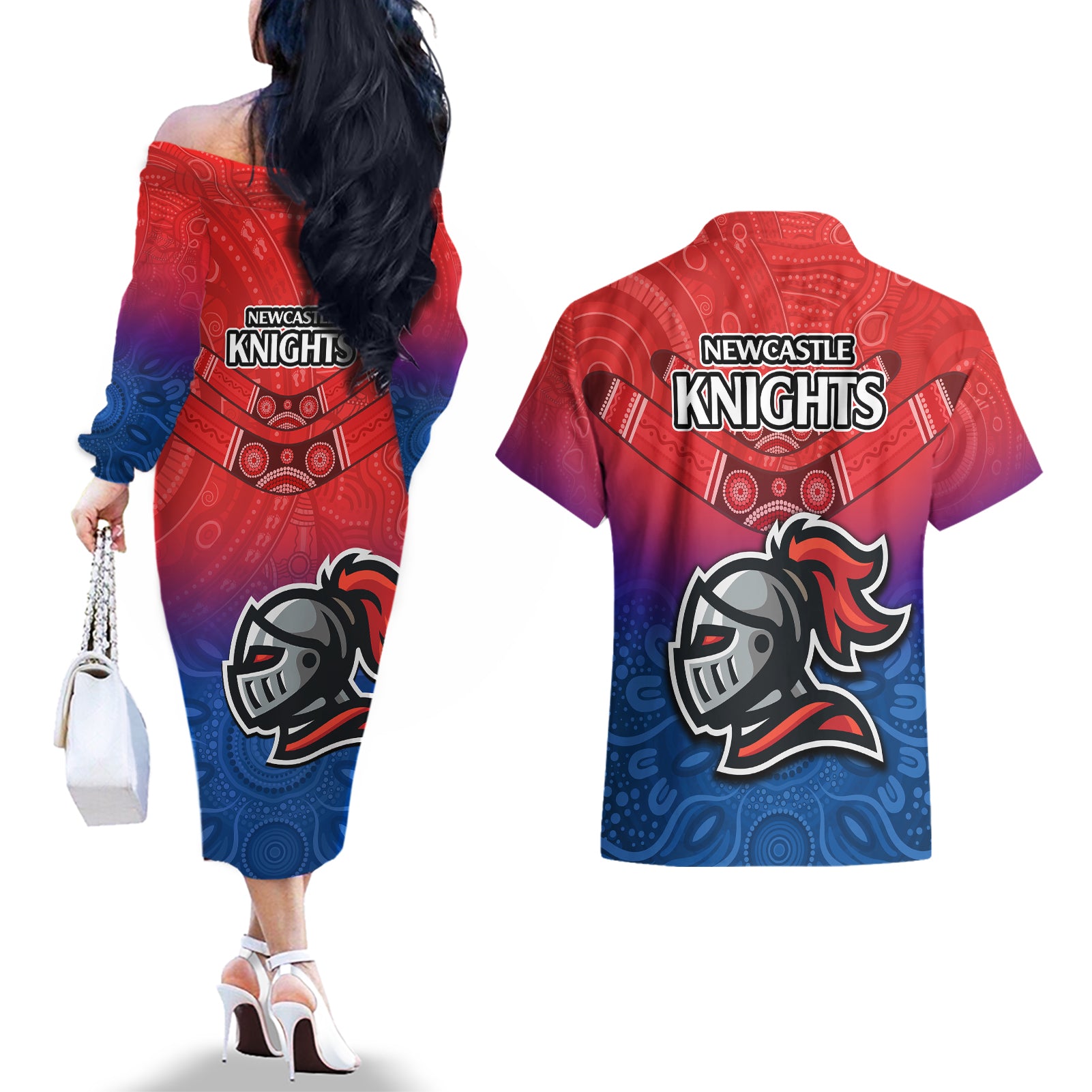 knights-permier-2023-couples-matching-off-the-shoulder-long-sleeve-dress-and-hawaiian-shirt-nrl-mascot-with-aboriginal