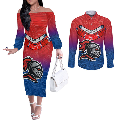 knights-permier-2023-couples-matching-off-the-shoulder-long-sleeve-dress-and-long-sleeve-button-shirts-nrl-mascot-with-aboriginal