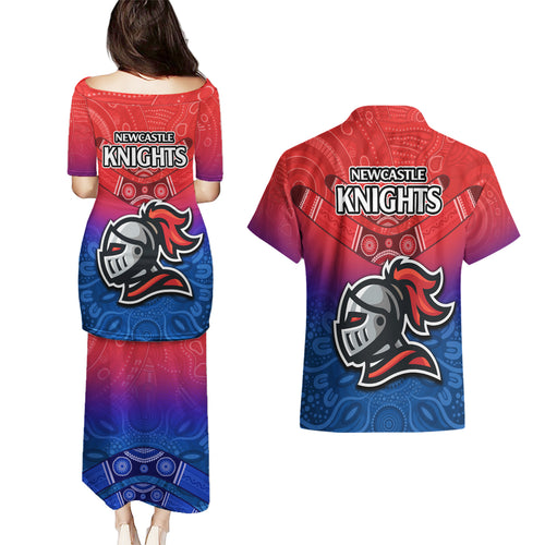 knights-permier-2023-couples-matching-puletasi-dress-and-hawaiian-shirt-nrl-mascot-with-aboriginal