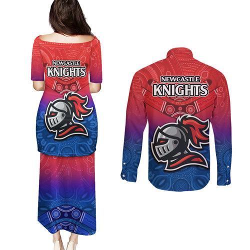 knights-permier-2023-couples-matching-puletasi-dress-and-long-sleeve-button-shirts-nrl-mascot-with-aboriginal