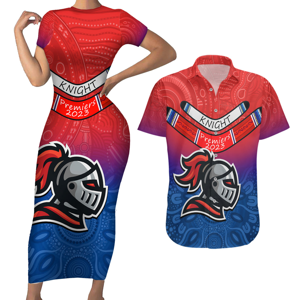 knights-permier-2023-couples-matching-short-sleeve-bodycon-dress-and-hawaiian-shirt-nrl-mascot-with-aboriginal