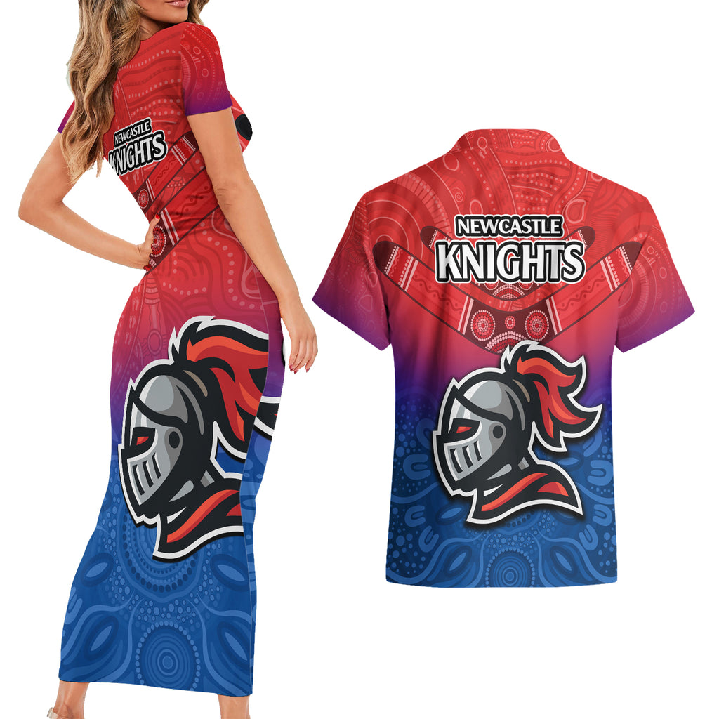 knights-permier-2023-couples-matching-short-sleeve-bodycon-dress-and-hawaiian-shirt-nrl-mascot-with-aboriginal