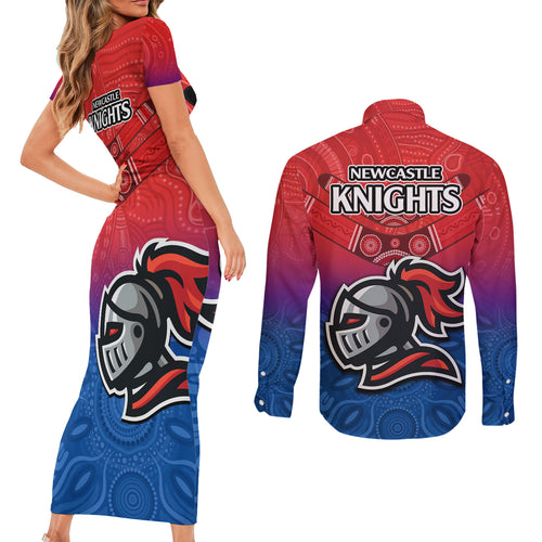 knights-permier-2023-couples-matching-short-sleeve-bodycon-dress-and-long-sleeve-button-shirts-nrl-mascot-with-aboriginal