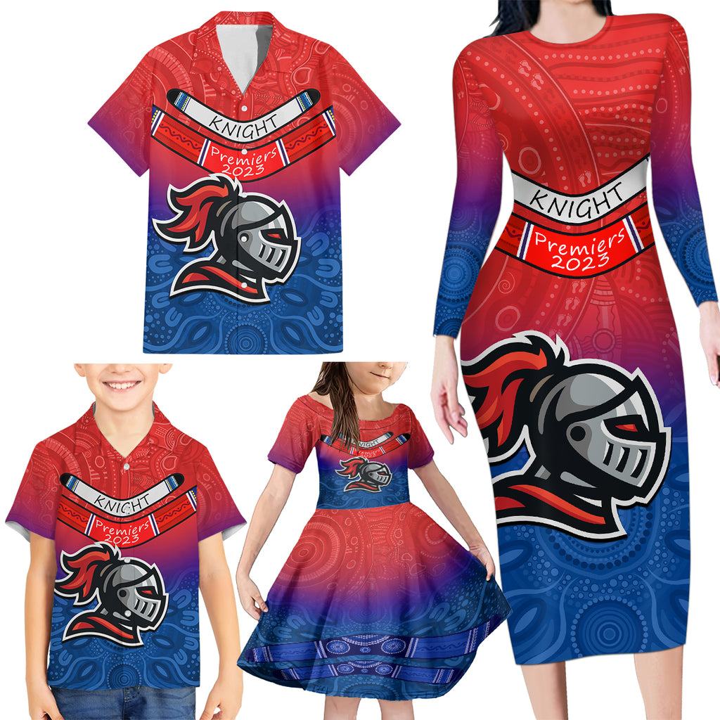 knights-permier-2023-family-matching-long-sleeve-bodycon-dress-and-hawaiian-shirt-nrl-mascot-with-aboriginal
