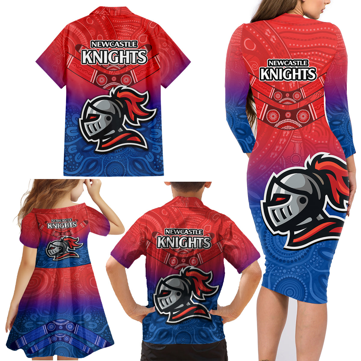 knights-permier-2023-family-matching-long-sleeve-bodycon-dress-and-hawaiian-shirt-nrl-mascot-with-aboriginal
