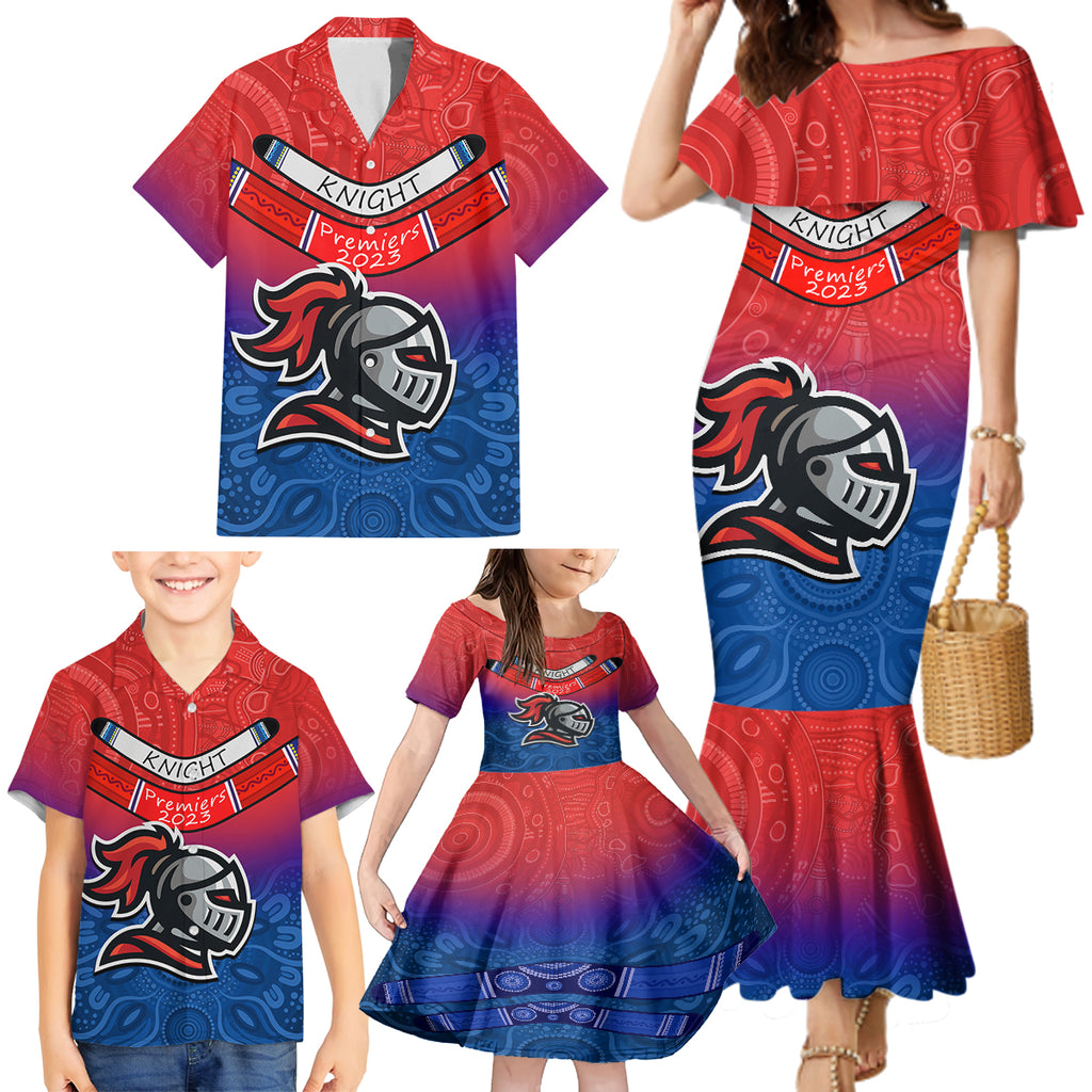 knights-permier-2023-family-matching-mermaid-dress-and-hawaiian-shirt-nrl-mascot-with-aboriginal