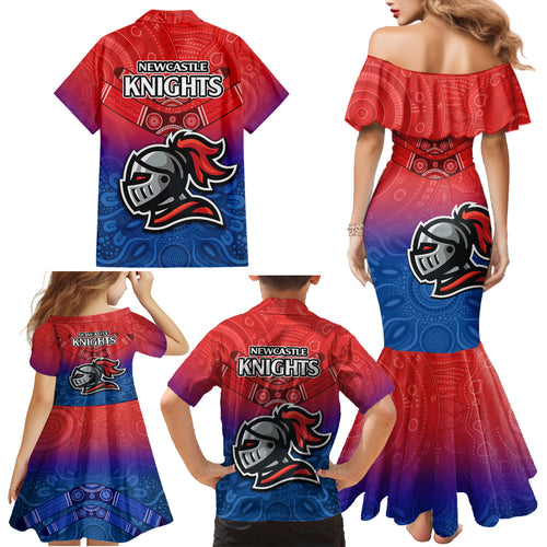 knights-permier-2023-family-matching-mermaid-dress-and-hawaiian-shirt-nrl-mascot-with-aboriginal