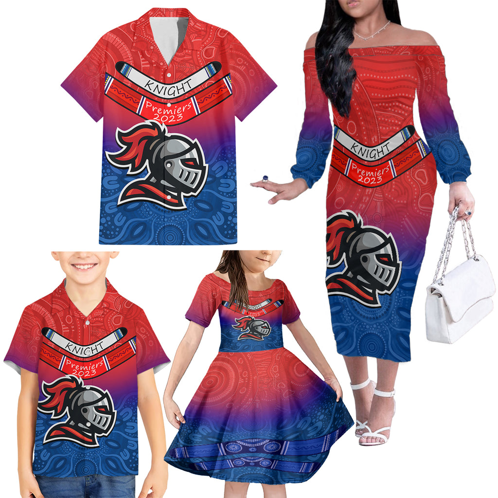 knights-permier-2023-family-matching-off-shoulder-long-sleeve-dress-and-hawaiian-shirt-nrl-mascot-with-aboriginal