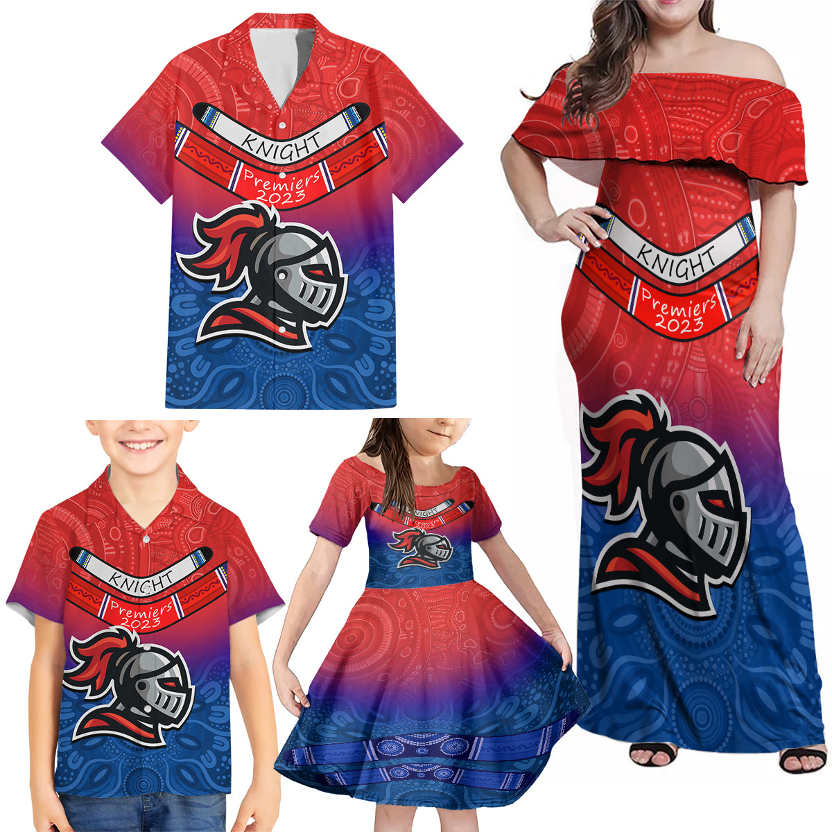 knights-permier-2023-family-matching-off-shoulder-maxi-dress-and-hawaiian-shirt-nrl-mascot-with-aboriginal