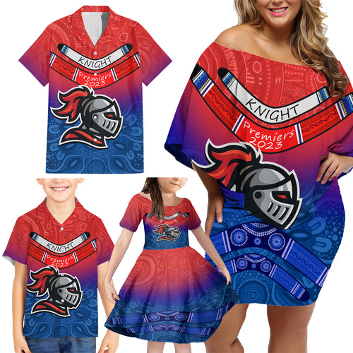 knights-permier-2023-family-matching-off-shoulder-short-dress-and-hawaiian-shirt-nrl-mascot-with-aboriginal