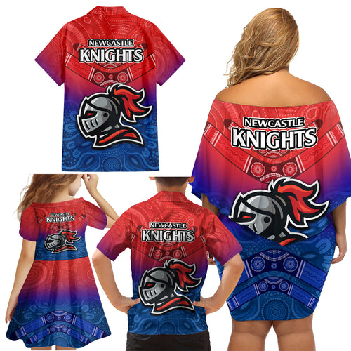 knights-permier-2023-family-matching-off-shoulder-short-dress-and-hawaiian-shirt-nrl-mascot-with-aboriginal