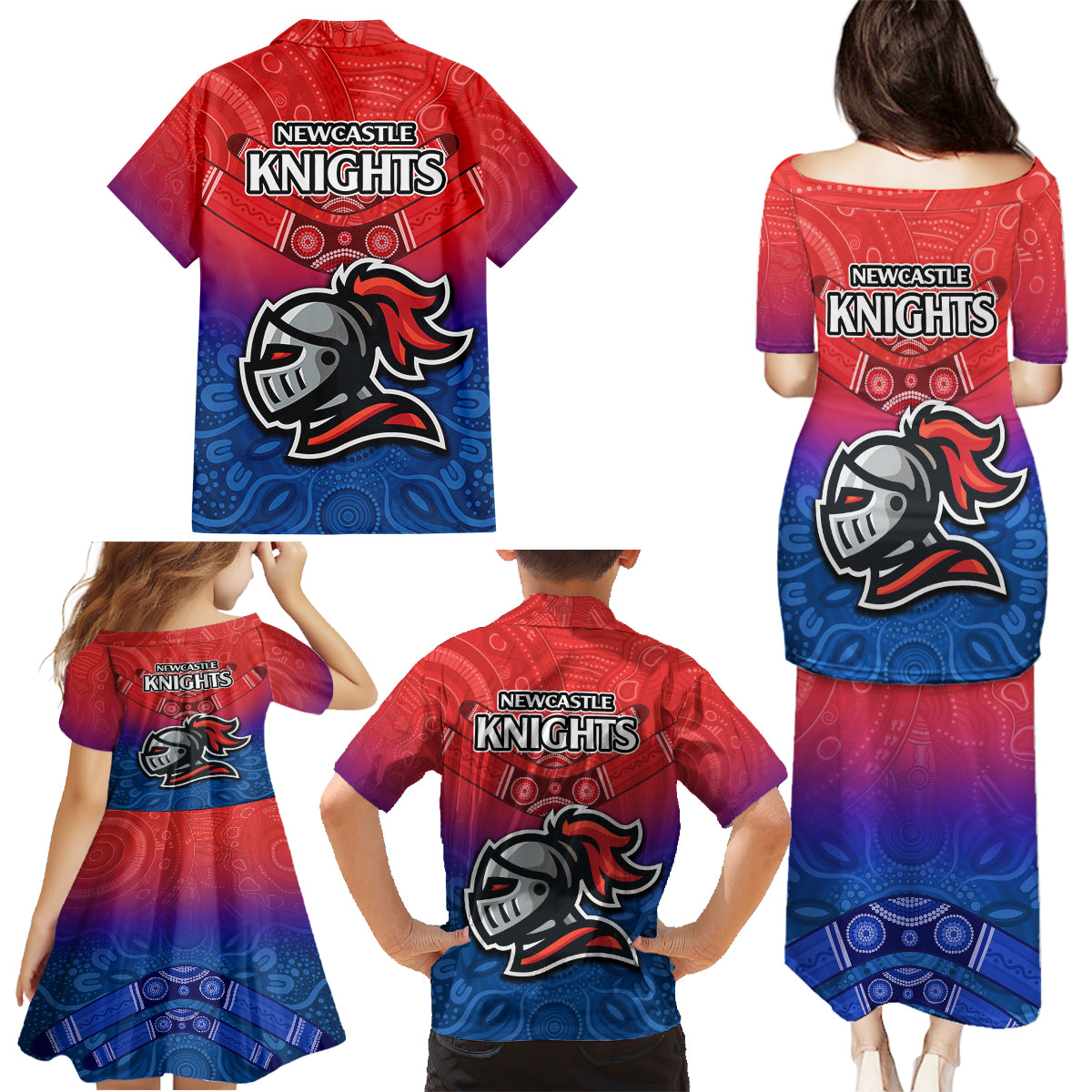 knights-permier-2023-family-matching-puletasi-dress-and-hawaiian-shirt-nrl-mascot-with-aboriginal