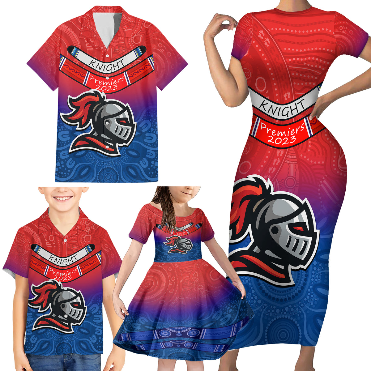 knights-permier-2023-family-matching-short-sleeve-bodycon-dress-and-hawaiian-shirt-nrl-mascot-with-aboriginal