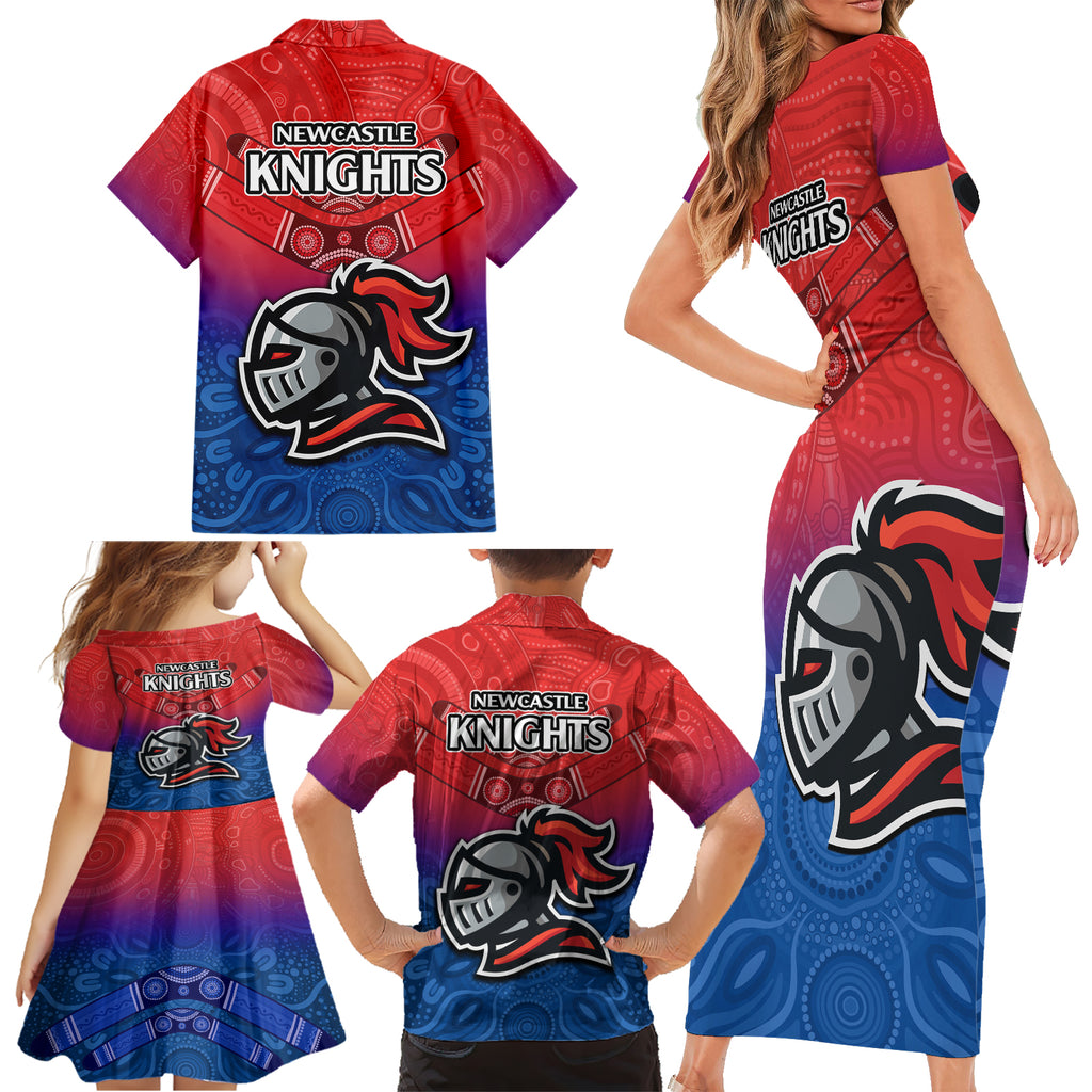 knights-permier-2023-family-matching-short-sleeve-bodycon-dress-and-hawaiian-shirt-nrl-mascot-with-aboriginal