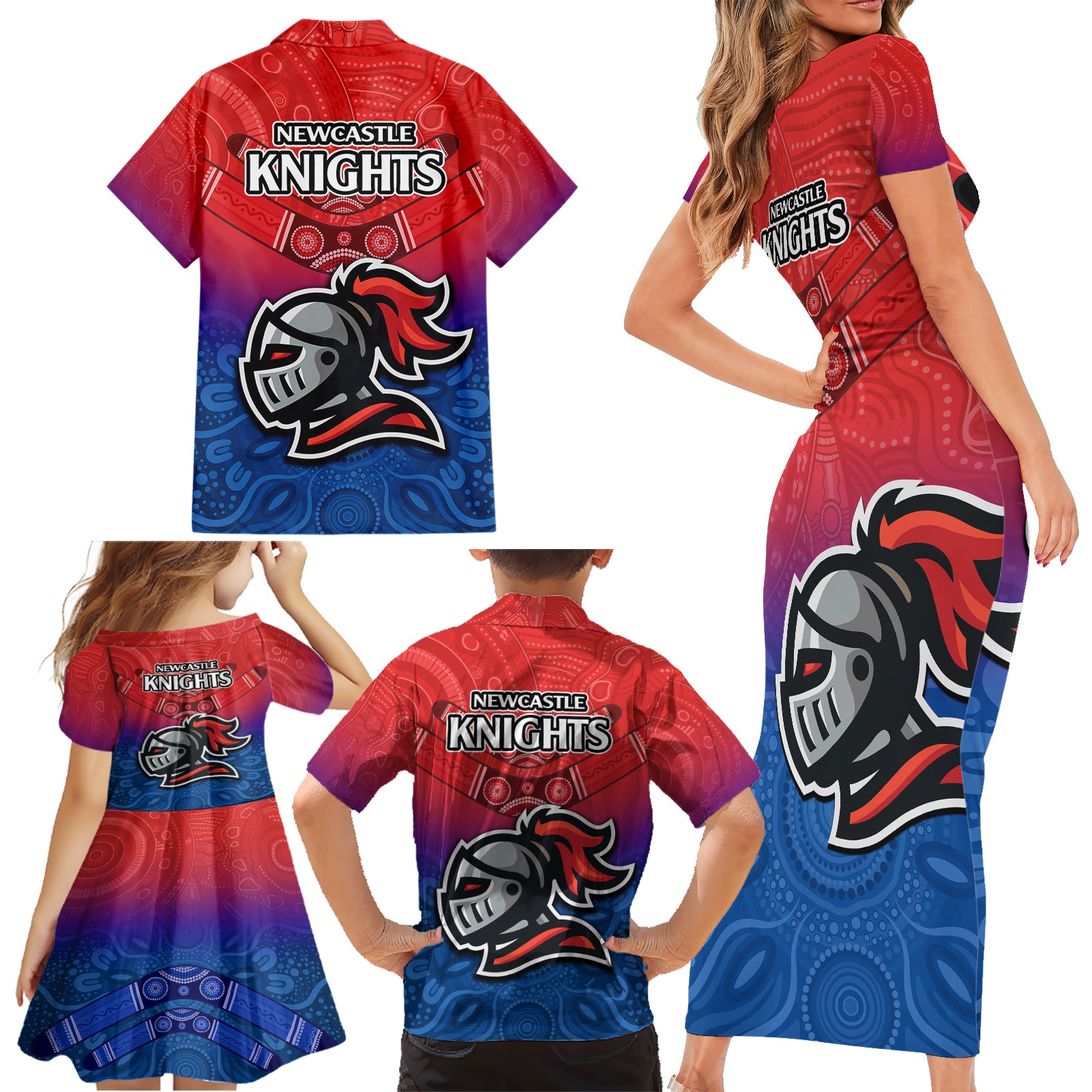 knights-permier-2023-family-matching-short-sleeve-bodycon-dress-and-hawaiian-shirt-nrl-mascot-with-aboriginal