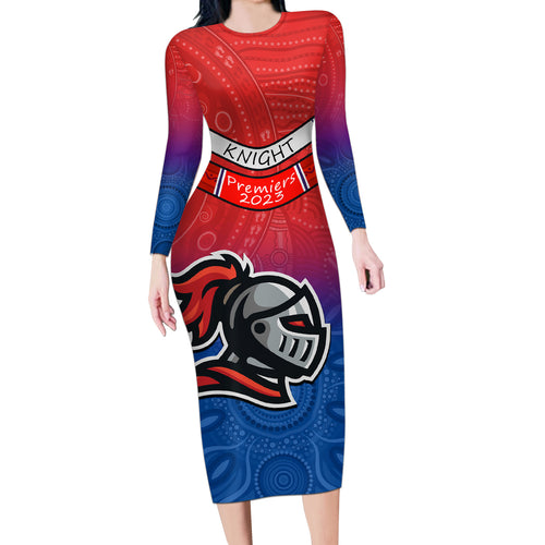 knights-permier-2023-long-sleeve-bodycon-dress-nrl-mascot-with-aboriginal