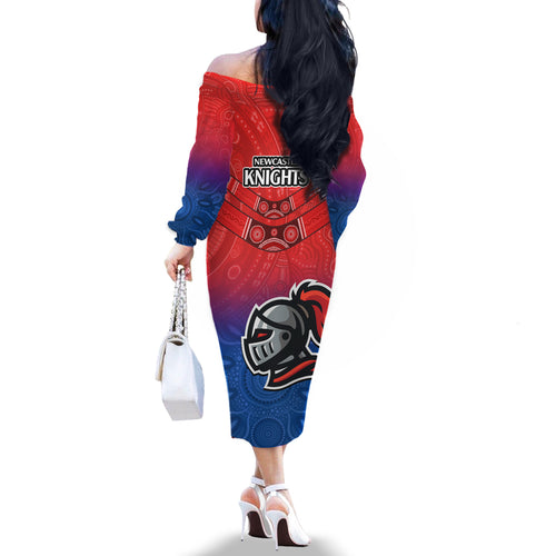 knights-permier-2023-off-the-shoulder-long-sleeve-dress-nrl-mascot-with-aboriginal
