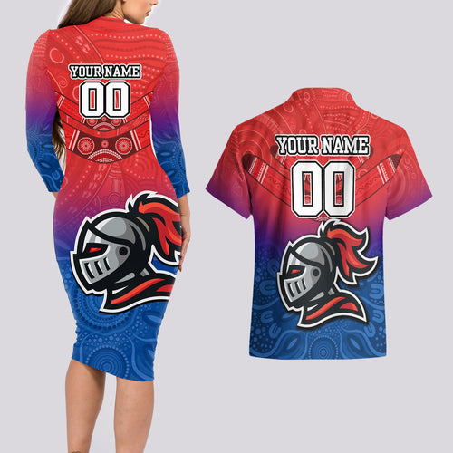 custom-knights-permier-2023-couples-matching-long-sleeve-bodycon-dress-and-hawaiian-shirt-nrl-mascot-with-aboriginal