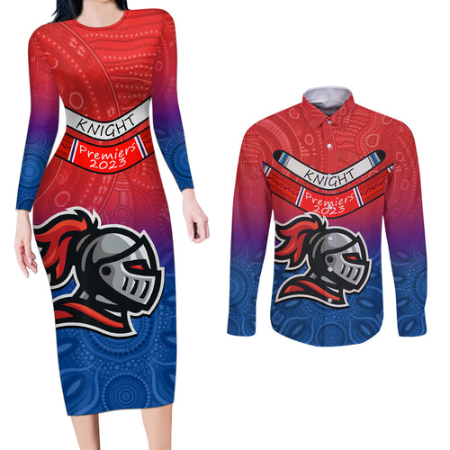 custom-knights-permier-2023-couples-matching-long-sleeve-bodycon-dress-and-long-sleeve-button-shirts-nrl-mascot-with-aboriginal
