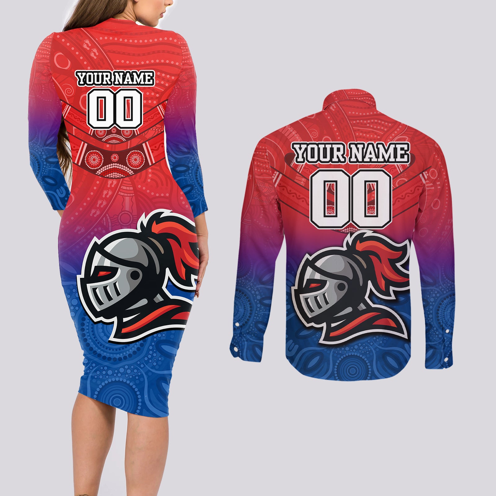 custom-knights-permier-2023-couples-matching-long-sleeve-bodycon-dress-and-long-sleeve-button-shirts-nrl-mascot-with-aboriginal