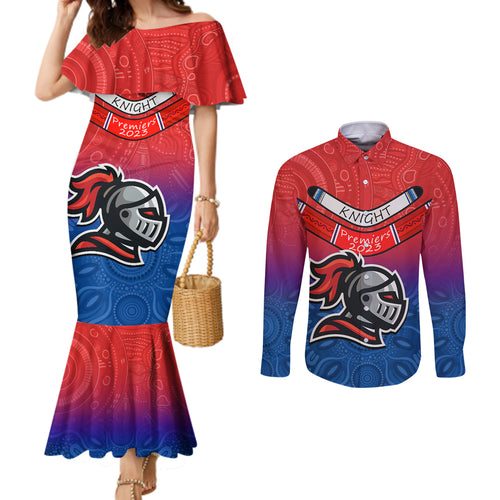 custom-knights-permier-2023-couples-matching-mermaid-dress-and-long-sleeve-button-shirts-nrl-mascot-with-aboriginal