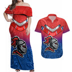 custom-knights-permier-2023-couples-matching-off-shoulder-maxi-dress-and-hawaiian-shirt-nrl-mascot-with-aboriginal