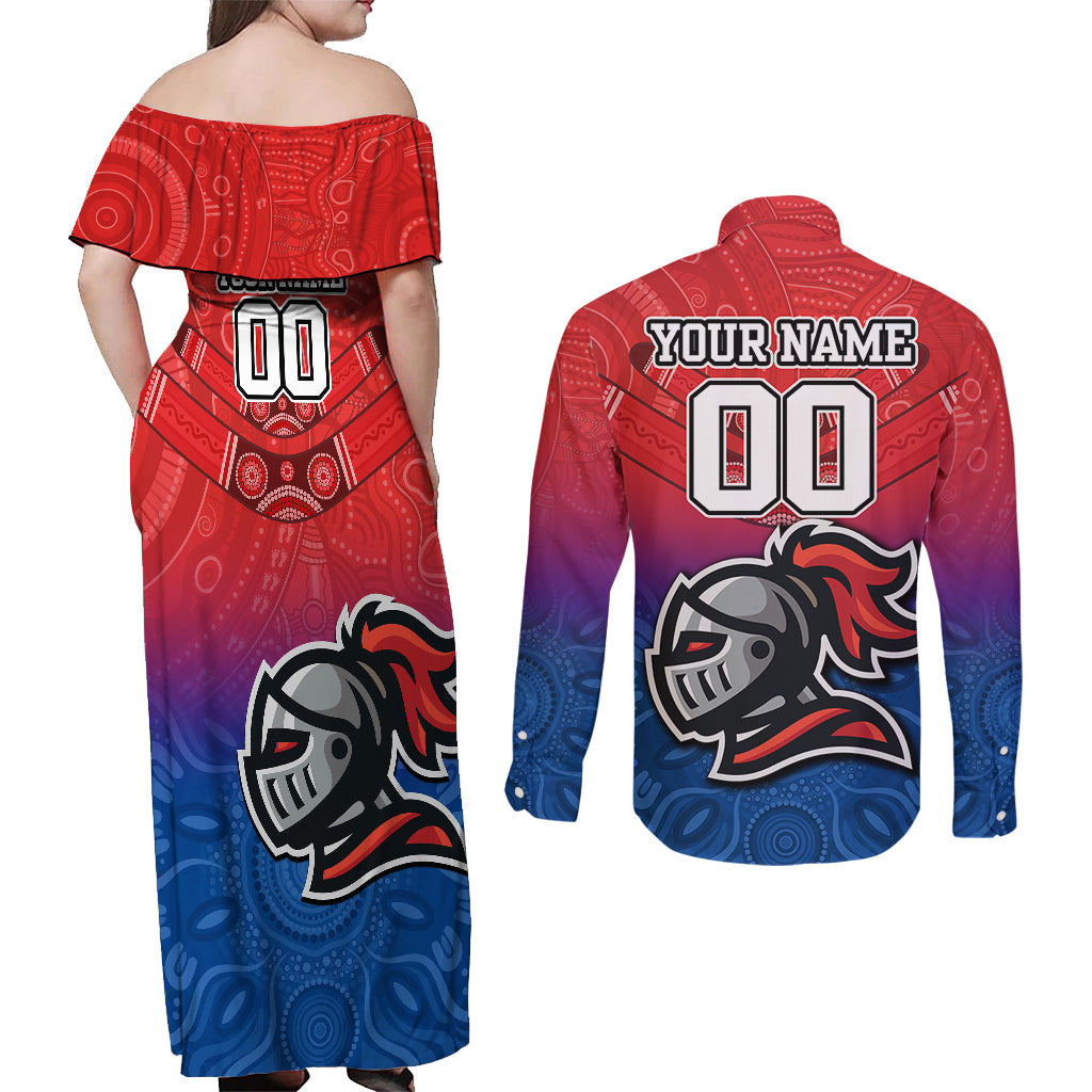custom-knights-permier-2023-couples-matching-off-shoulder-maxi-dress-and-long-sleeve-button-shirts-nrl-mascot-with-aboriginal