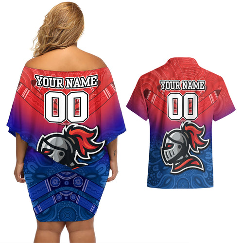 custom-knights-permier-2023-couples-matching-off-shoulder-short-dress-and-hawaiian-shirt-nrl-mascot-with-aboriginal