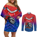 custom-knights-permier-2023-couples-matching-off-shoulder-short-dress-and-long-sleeve-button-shirts-nrl-mascot-with-aboriginal