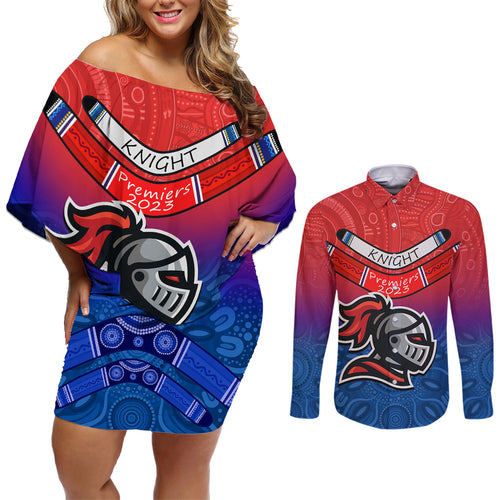 custom-knights-permier-2023-couples-matching-off-shoulder-short-dress-and-long-sleeve-button-shirts-nrl-mascot-with-aboriginal