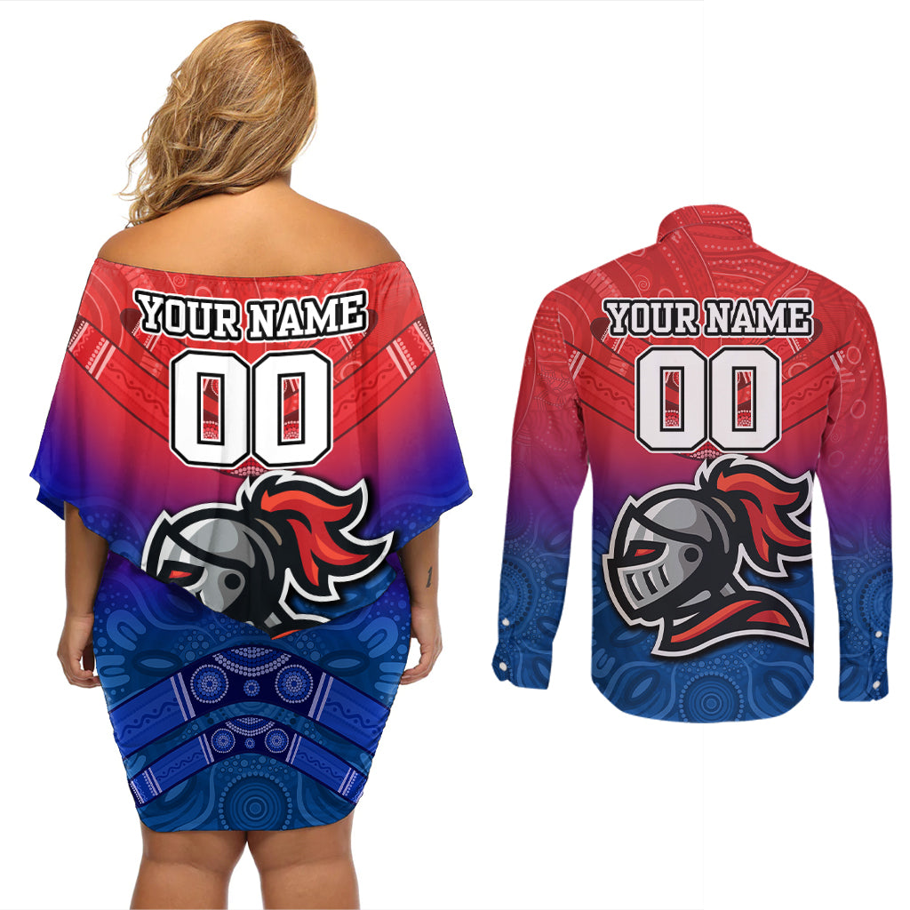 custom-knights-permier-2023-couples-matching-off-shoulder-short-dress-and-long-sleeve-button-shirts-nrl-mascot-with-aboriginal