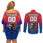 custom-knights-permier-2023-couples-matching-off-shoulder-short-dress-and-long-sleeve-button-shirts-nrl-mascot-with-aboriginal