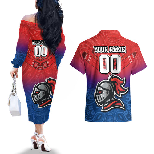 custom-knights-permier-2023-couples-matching-off-the-shoulder-long-sleeve-dress-and-hawaiian-shirt-nrl-mascot-with-aboriginal