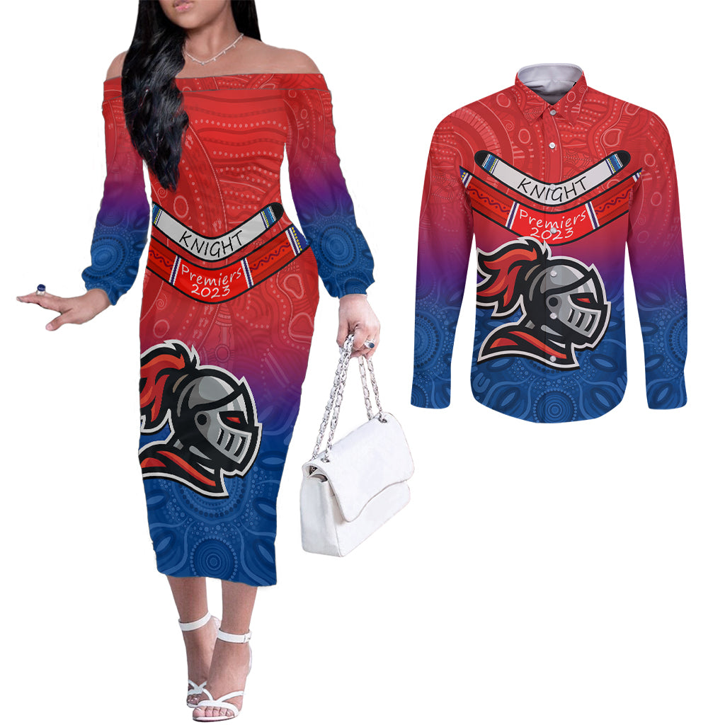 custom-knights-permier-2023-couples-matching-off-the-shoulder-long-sleeve-dress-and-long-sleeve-button-shirts-nrl-mascot-with-aboriginal