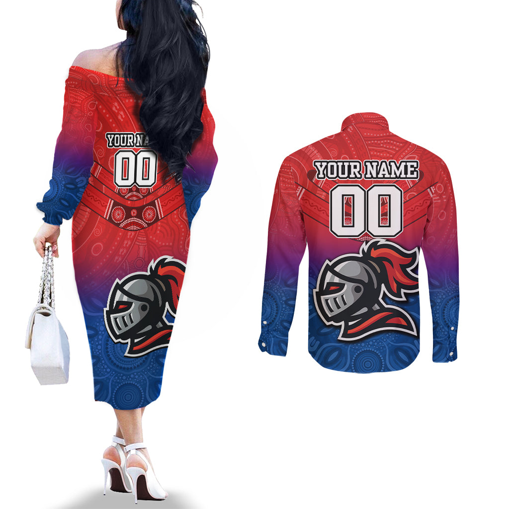 custom-knights-permier-2023-couples-matching-off-the-shoulder-long-sleeve-dress-and-long-sleeve-button-shirts-nrl-mascot-with-aboriginal