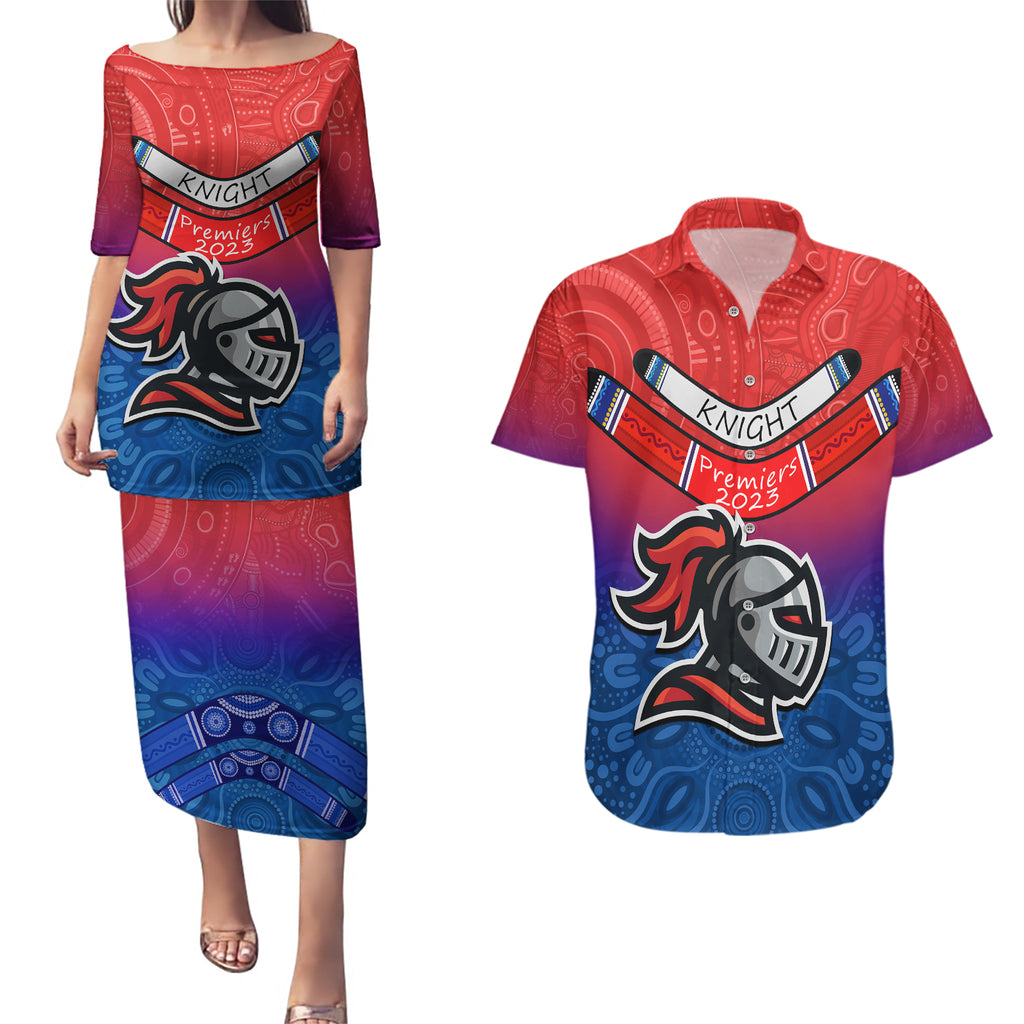 custom-knights-permier-2023-couples-matching-puletasi-dress-and-hawaiian-shirt-nrl-mascot-with-aboriginal