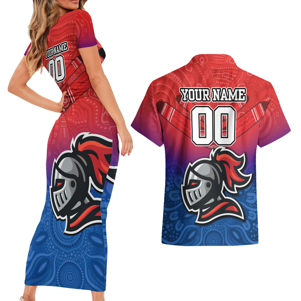 custom-knights-permier-2023-couples-matching-short-sleeve-bodycon-dress-and-hawaiian-shirt-nrl-mascot-with-aboriginal