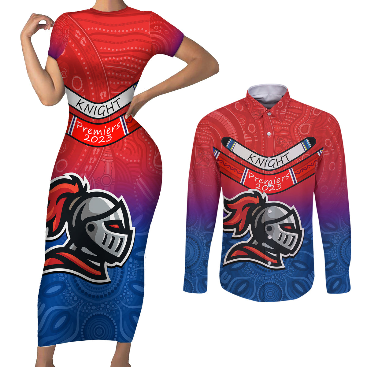 custom-knights-permier-2023-couples-matching-short-sleeve-bodycon-dress-and-long-sleeve-button-shirts-nrl-mascot-with-aboriginal