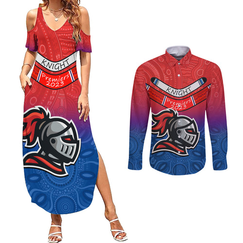 custom-knights-permier-2023-couples-matching-summer-maxi-dress-and-long-sleeve-button-shirts-nrl-mascot-with-aboriginal