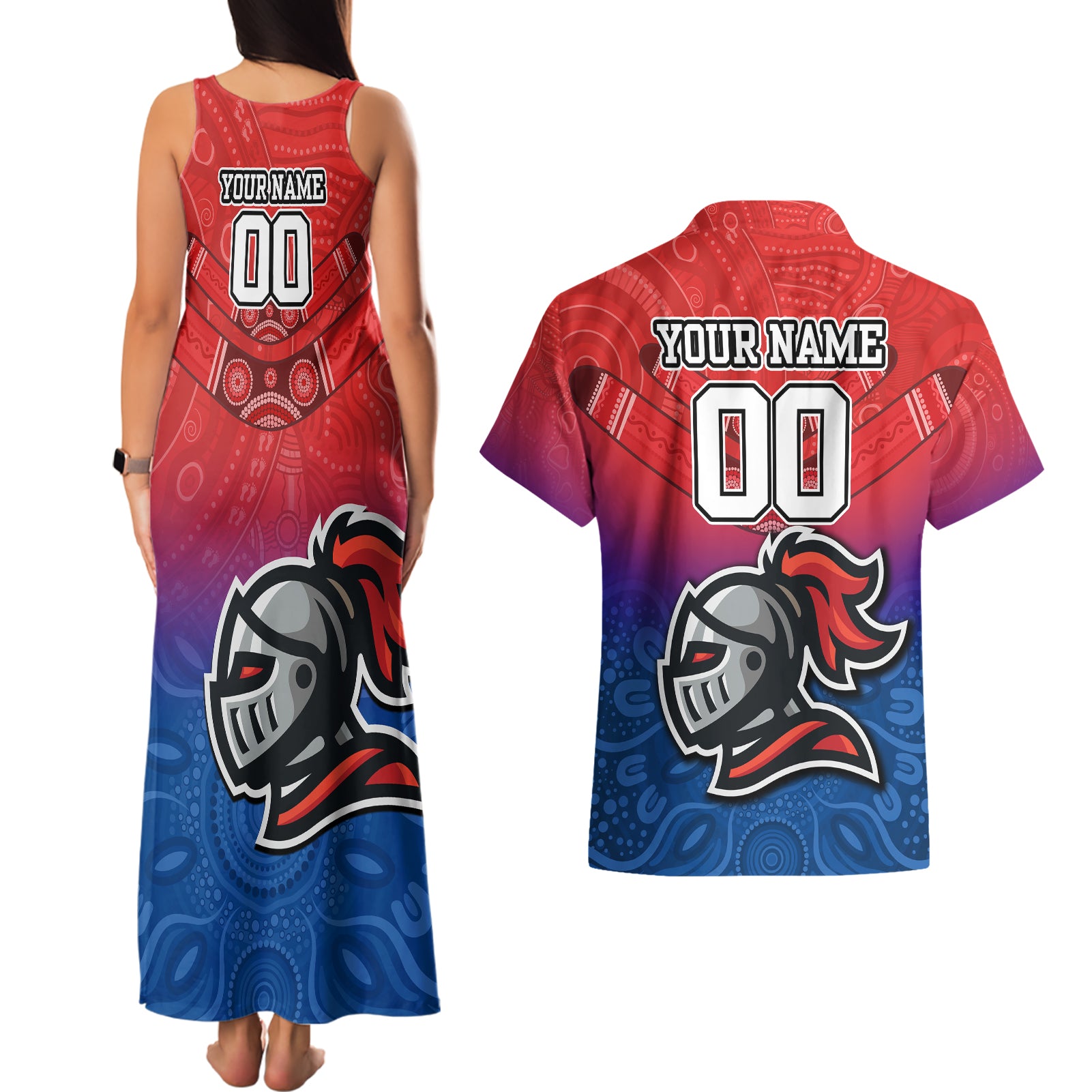 custom-knights-permier-2023-couples-matching-tank-maxi-dress-and-hawaiian-shirt-nrl-mascot-with-aboriginal